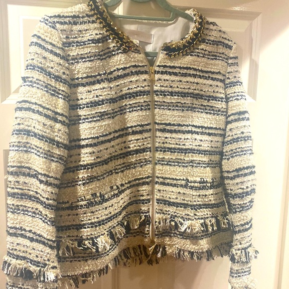 New Boston Proper black gold and white fringe tweed jacket gold chain size 6 - Picture 1 of 7